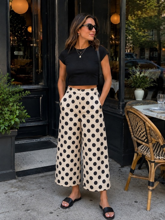 Zara Pants - Zara Black Polka Dot Wide Leg Pants on Beige